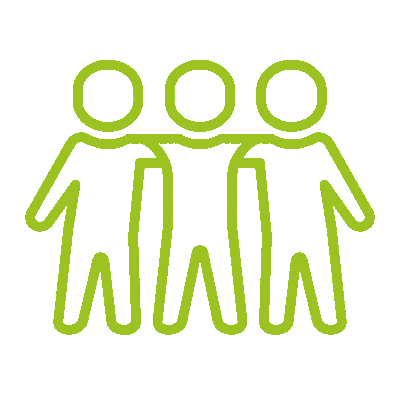 Ein grünes Symbol mit drei zusammenstehenden Personen, das eine Photovoltaikanlage darstellt.