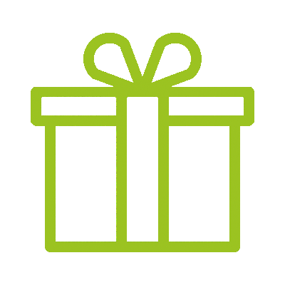 Ein grünes Geschenkbox-Symbol auf weißem Hintergrund mit einer Photovoltaikanlage.