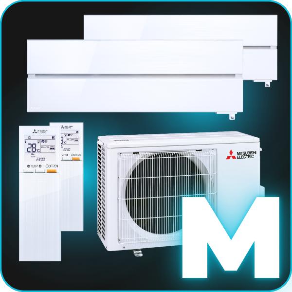 Klimaanlagen mit Mitsubishi Electric-Branding, mit Bedienfeldern sowie Innen- und Außeneinheiten.