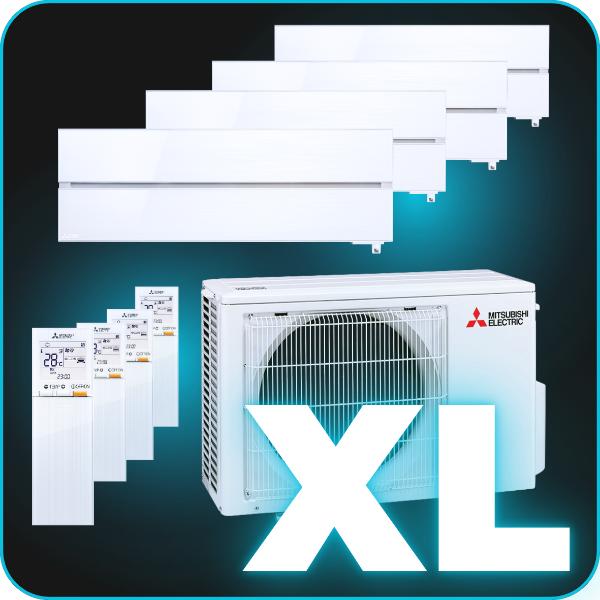 Vier wandmontierte Klimaanlagen und eine große Außeneinheit mit „XL“-Textüberlagerung der Marke Mitsubishi Electric.