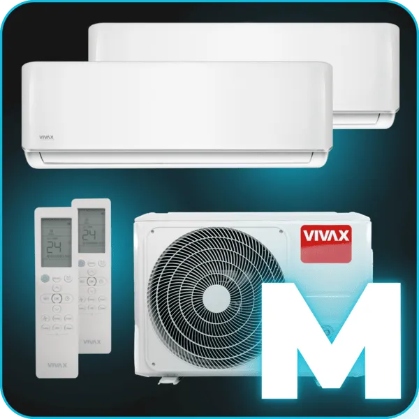 Vivax-Klimaanlagenset mit zwei Wandgeräten, zwei Fernbedienungen und einem Außengerät vor blauem Hintergrund.