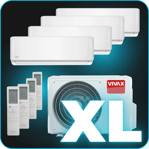 Vivax-Klimaanlage mit vier Wandeinheiten, Fernbedienungen und fettgedrucktem „XL“-Text.