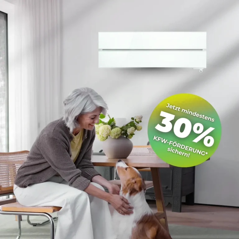 Eine l&auml;chelnde Frau streichelt einen Hund an einem Tisch unter einer wandmontierten Klimaanlage; auf der Werbetafel steht "30% KfW-F&ouml;rderung".