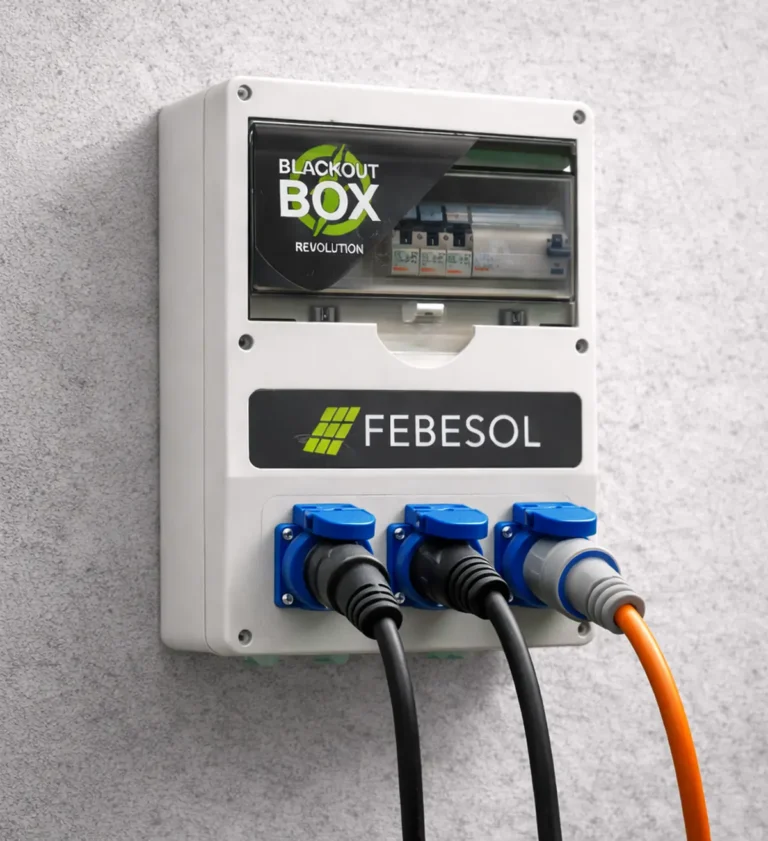 Elektrischer Schaltkasten mit der Aufschrift "FEBESOL" mit drei angeschlossenen Kabeln und sichtbaren Schaltern im Inneren.