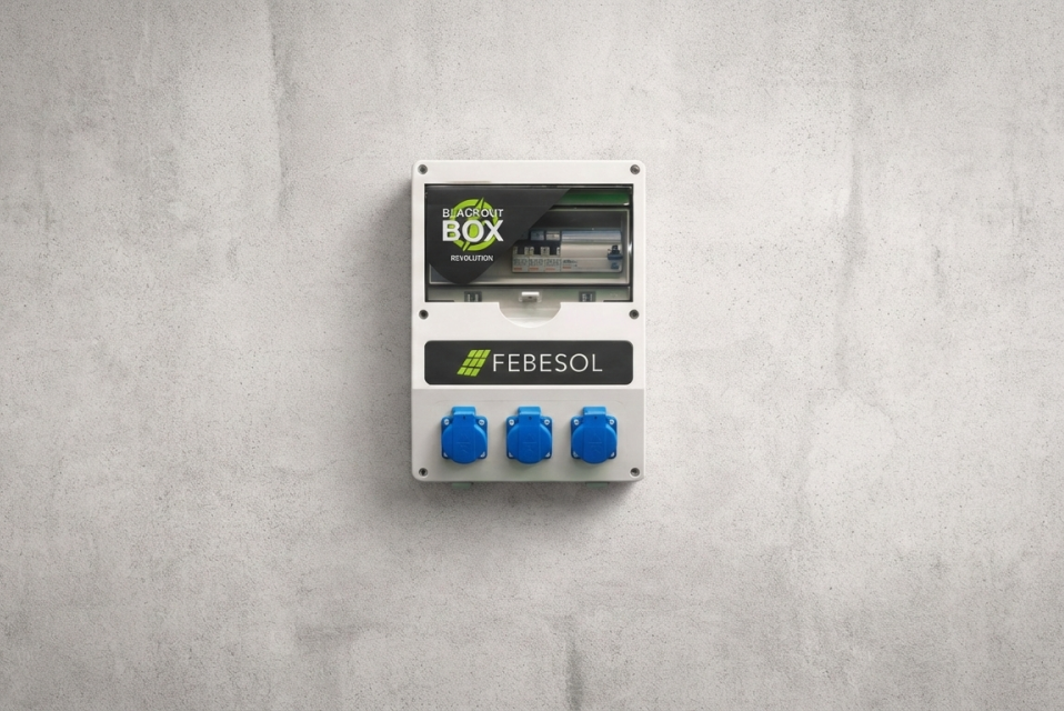 Ein wei&szlig;er Schaltkasten mit der Aufschrift "FEBESOL" und drei blauen Steckdosen an einer grauen Wand.