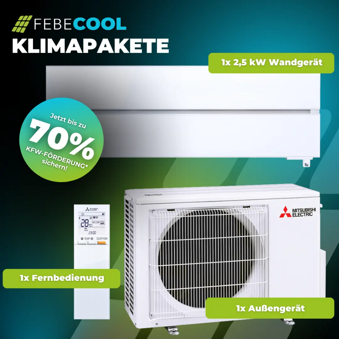 Klimaanlage-Set mit Wandgerät, Außengerät, Fernbedienung und 70% KfW-Förderhinweis.